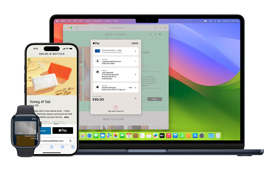 Een laptop, smartphone en smartwatch tonen schermen voor online betalingen met Apple Pay. De schermen tonen details zoals factuuradres en bedragen.