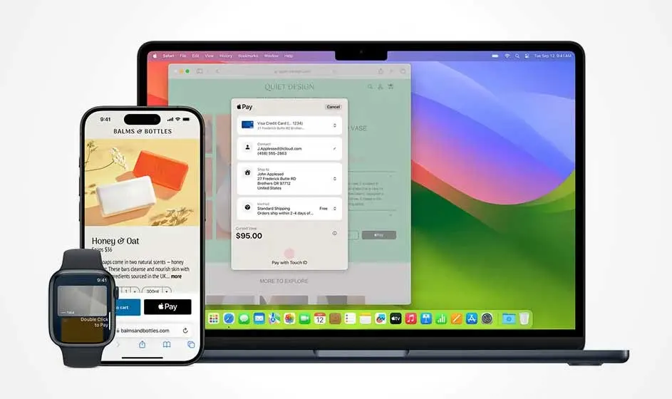 Un ordinateur portable, un téléphone et une montre intelligente affichent des pages de paiement en ligne avec des éléments d'interface utilisateur.