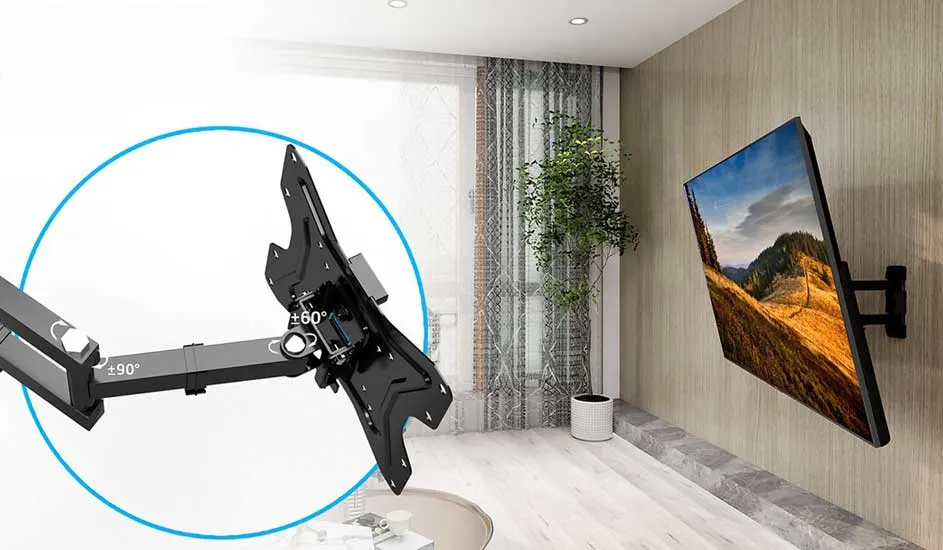 Une télévision à écran plat est fixée au mur avec un support orientable dans un salon moderne et lumineux. Aucune marque visible.