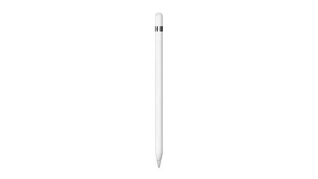 Een witte Apple Pencil met een zilverkleurige band aan de bovenkant, tegen een witte achtergrond.