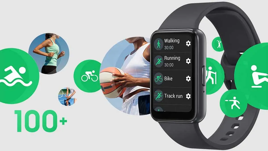 Montre intelligente noire affichant des options d'exercices sur l'écran, avec des icônes vertes représentant divers sports.