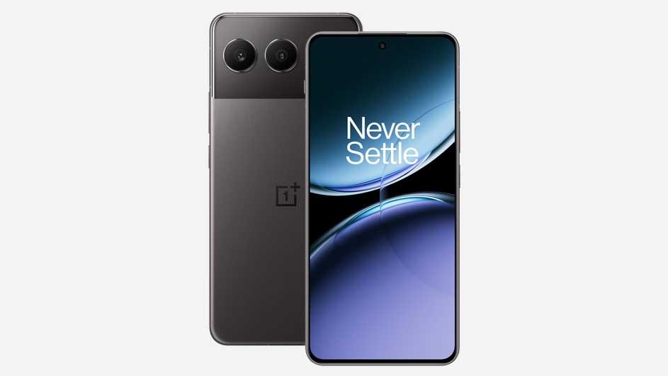 Two phones are displayed: one with a screen showing "Never Settle" and a blue design, and another grey phone behind with two cameras.