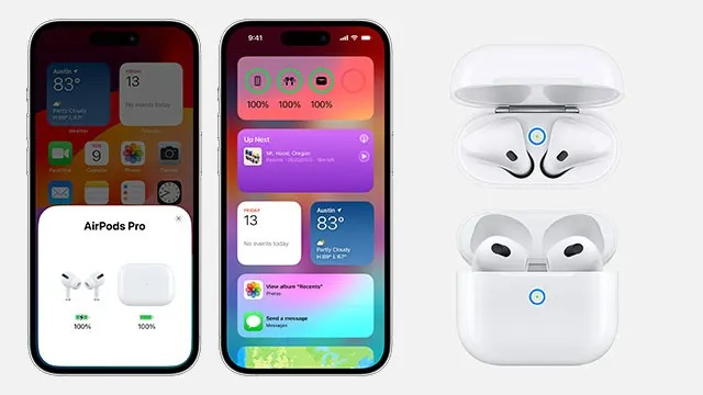 Deux iPhones affichent des écrans d'accueil colorés à côté de deux boîtiers blancs d'AirPods Pro, ouverts et fermés, sur fond blanc.