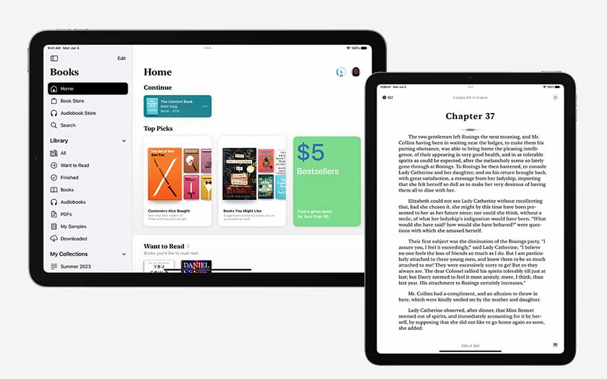 Twee iPads met een lees-app. De linker toont een bibliotheekmenu met boekomslagen. De rechter toont 'Chapter 37' in zwarte tekst.
