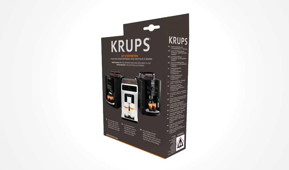 Boîte Krups grise avec photos de machines à café et texte.