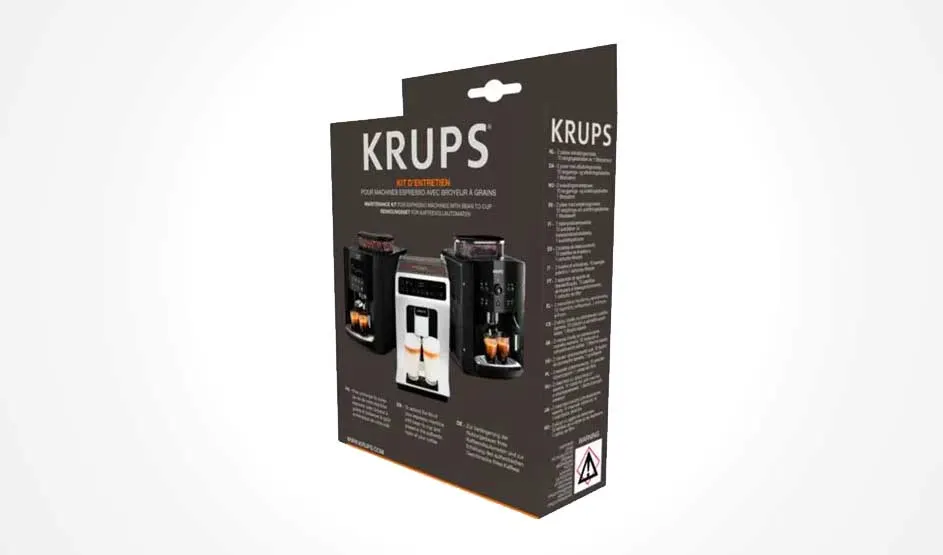 Boîte Krups grise avec photos de machines à café et texte.