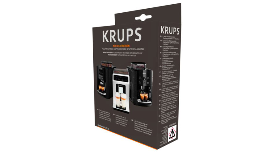 Een grijze Krups-verpakkingsdoos met afbeeldingen van koffiemachines en tekst op een witte achtergrond.