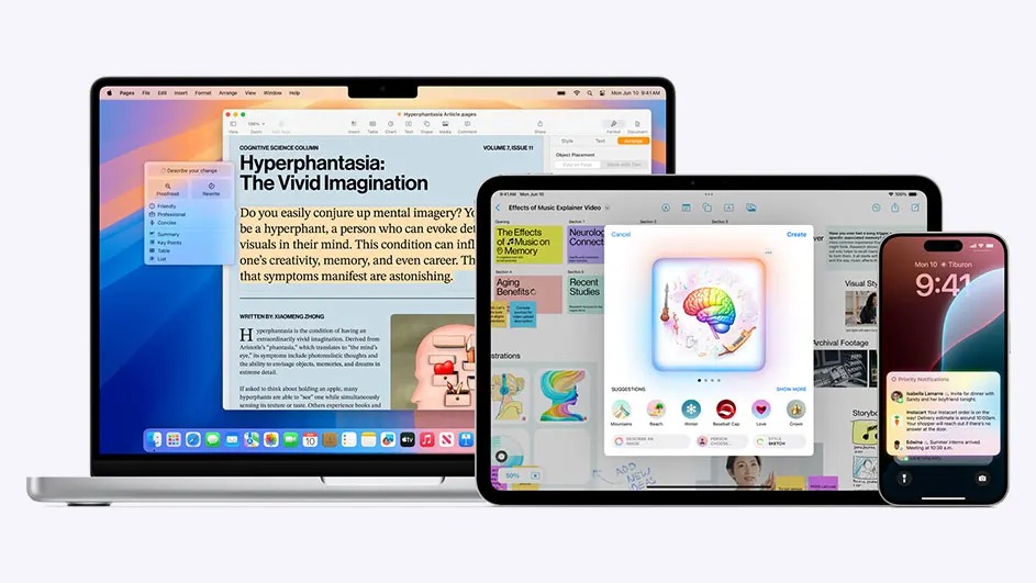 Apple devices on a desk: a MacBook, an iPad, and an iPhone, each showing apps and notifications, neatly arranged on a pale background.