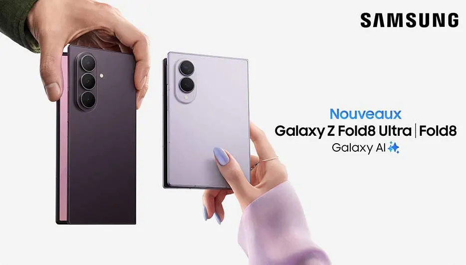 Bannière Samsung présentant deux Galaxy Z Fold8 violets, avec un texte français annonçant les nouveaux modèles et Galaxy AI.
