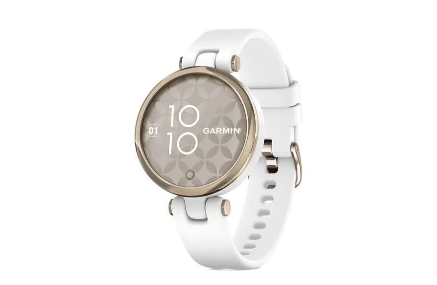 Montre Garmin blanche avec cadran rond doré affichant l'heure sur fond blanc.