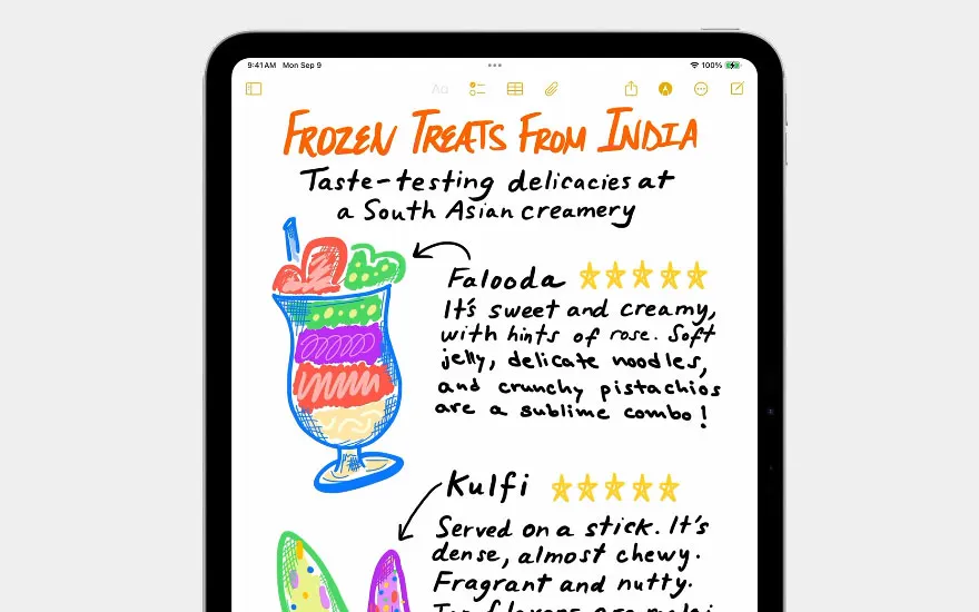 iPad toont handgeschreven notities over Indiase ijsgerechten. Kleurrijke tekeningen van Falooda en Kulfi met sterrenbeoordelingen.