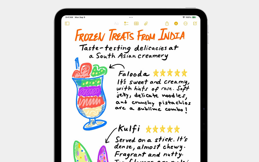 iPad présente notes manuscrites sur desserts glacés indiens. Dessins colorés de Falooda et Kulfi avec évaluations par étoiles.