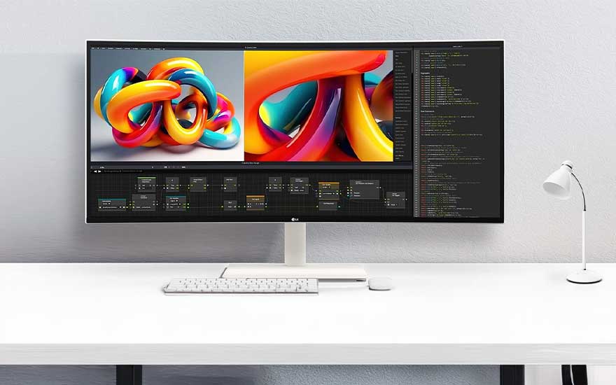 Een gebogen monitor toont kleurrijke 3D-kunst en code op een witte tafel met een toetsenbord en een lamp.