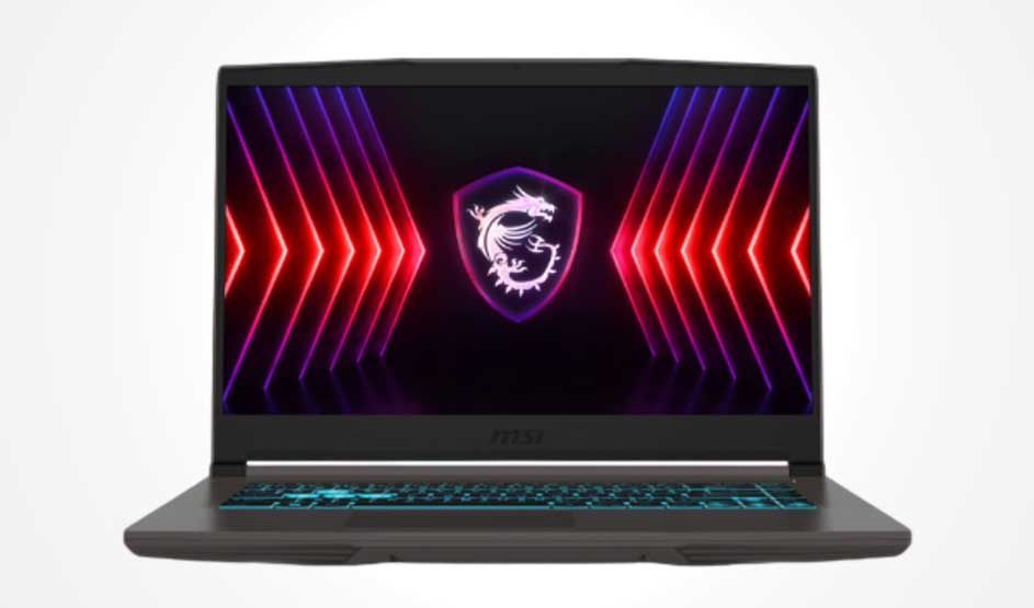 An MSI gaming laptop is open on a white background; the display shows neon arrows and a dragon crest, with a teal-backlit keyboard.