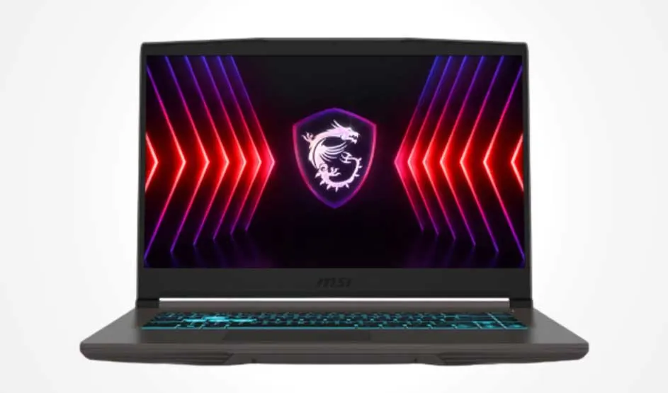 An MSI gaming laptop is open on a white background; the display shows neon arrows and a dragon crest, with a teal-backlit keyboard.
