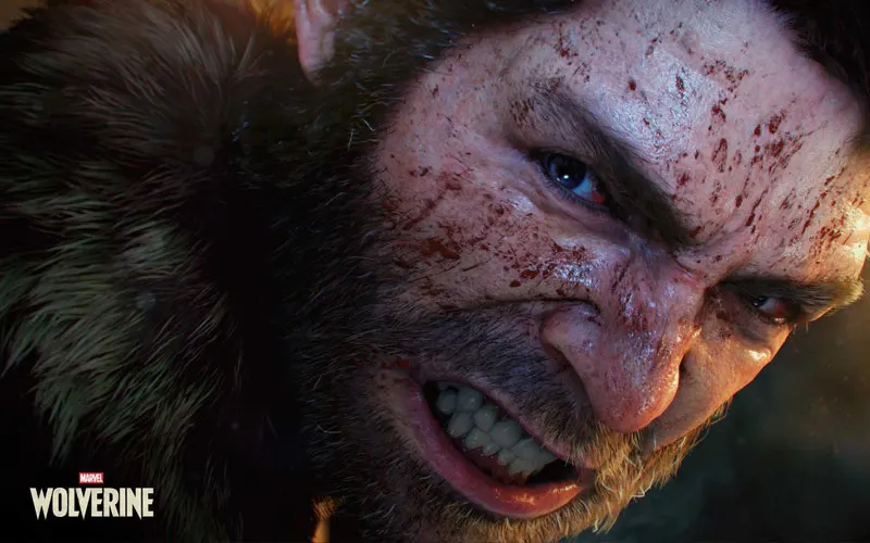 Een woeste close-up van Wolverine: bebloed gezicht, samengeknepen tanden, intense blauwe ogen, ruige baard en bontkraag, geweldsbereidheid zichtbaar.