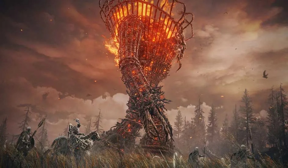 Een enorme brandende toren rijst op uit een apocalyptisch landschap met soldaten en bomen onder een dramatische oranje bewolkte hemel.