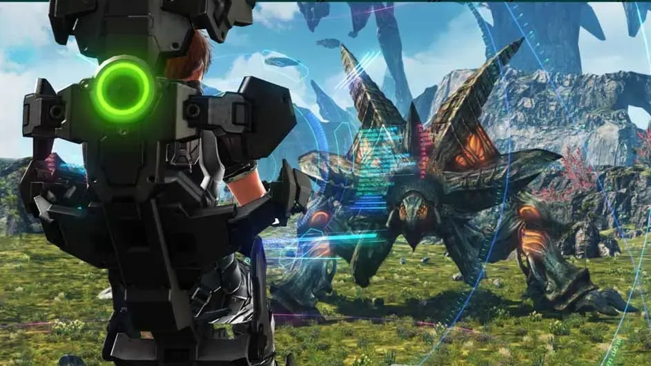 Een zwart robotpak met een groene ring op de rug staat op een groene heuvel tegenover een monster met rotsachtige stekels.