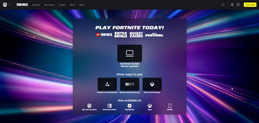 Fortnite downloadpagina met opties voor pc, Amazon Luna, GeForce Now, Xbox Cloud, Nintendo Switch, Playstation, Xbox en mobiel. Kleurrijke achtergrond.