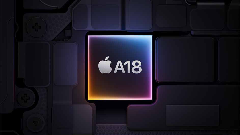 Gros plan d'une puce A18 d'Apple. La puce présente un logo argenté d'Apple et le texte "A18" sur un fond noir.