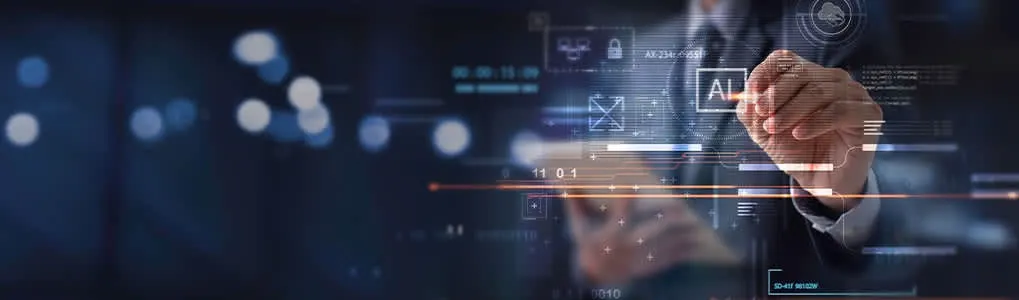 Een scherm met AI-technologie, blauwe lijnen en iconen. Op de achtergrond zijn vage lichten te zien.