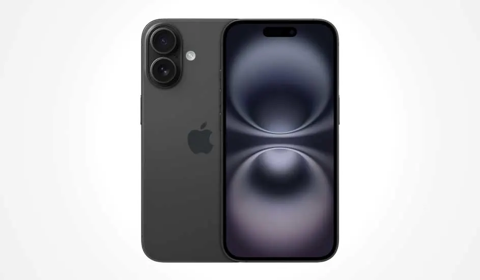 Black Apple iPhone, one shows the screen with an abstract pattern, the other displays the back with logo and dual camera.