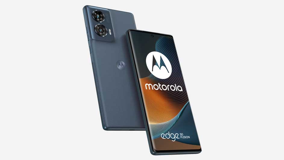 Deux smartphones Motorola bleu-gris sur fond blanc. L'écran affiche le logo et le nom "motorola".
