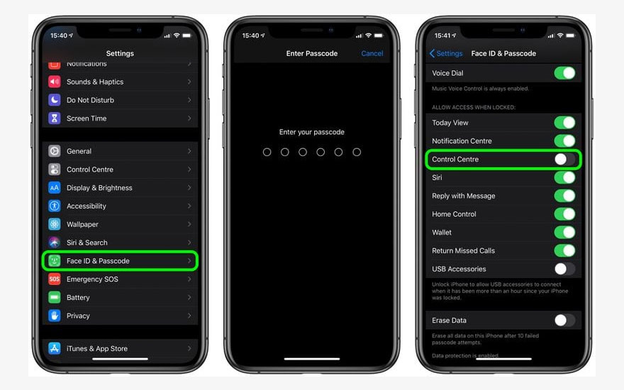 Drie iPhones tonen instellingen: 'Face ID', wachtwoord invoeren, en 'Control Center' aan/uit.