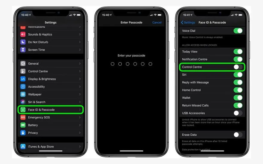 Drie iPhones tonen instellingen: 'Face ID', wachtwoord invoeren, en 'Control Center' aan/uit.