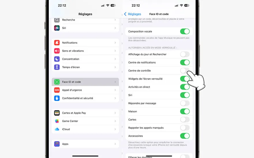 Deux écrans d'iPhone affichent le menu "Réglages". L'écran de droite montre les paramètres Face ID, avec un curseur blanc pointant vers le bouton "Widgets de l'écran verrouillé".