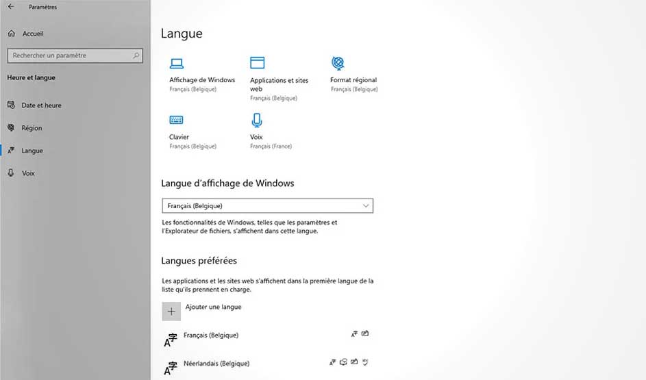 Panneau de configuration Windows affichant les paramètres de langue avec le français et le néerlandais.