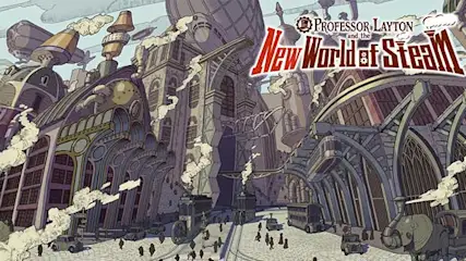 Une immense cité à vapeur, avec dirigeables, hautes halles et cheminées fumantes, s’étend autour d’une place animée.