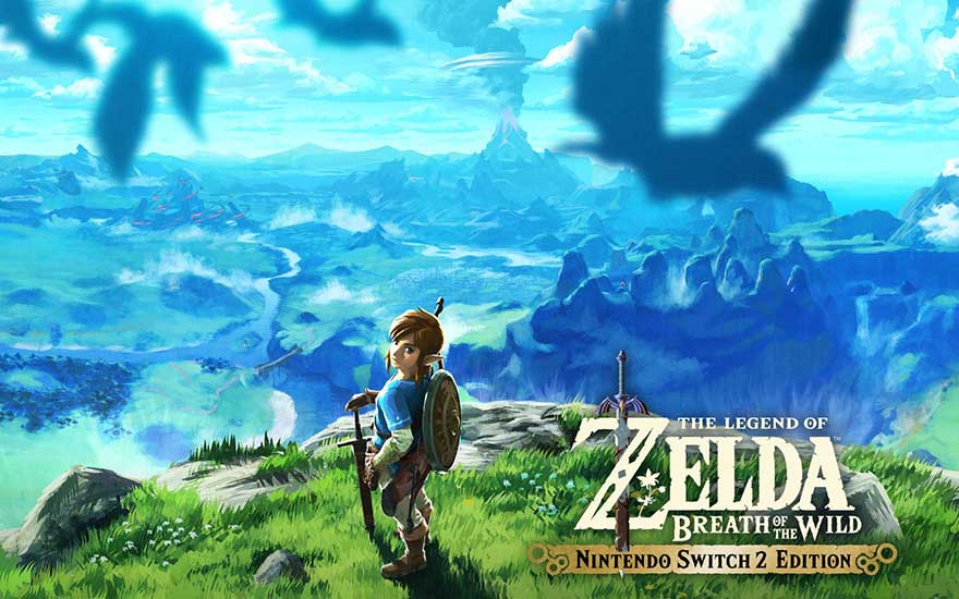 Une magnifique image de The Legend of Zelda: Breath of the Wild pour Nintendo Switch 2. Link se tient sur une colline, contemplant un vaste paysage bleu avec des montagnes et des rivières.