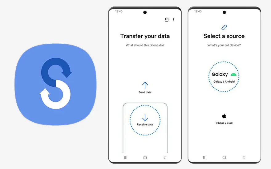 Twee telefoonschermen tonen data-overdracht en bronselectie, naast een blauw pictogram met pijlen.