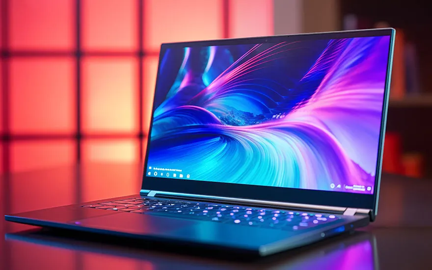 Een open laptop met een blauw en paars scherm op een reflecterend oppervlak, met een rode achtergrond.