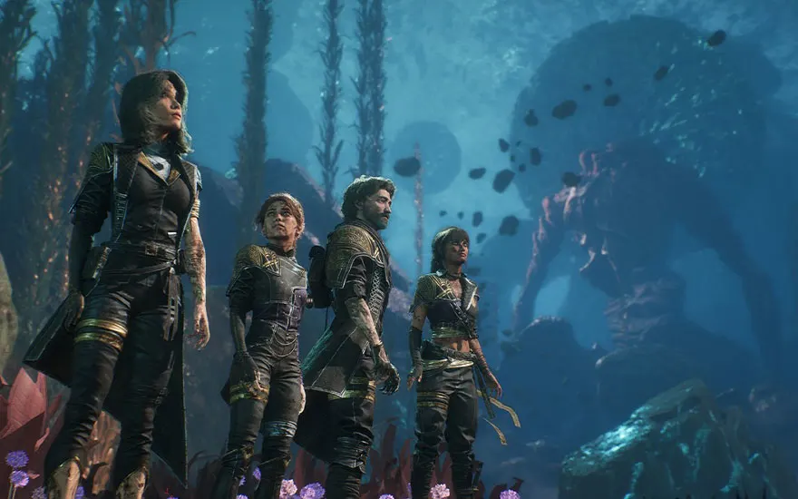 Quatre silhouettes en tenue d'aventure se tiennent sur un terrain fleuri, avec un arrière-plan aquatique bleu profond et des formations rocheuses.