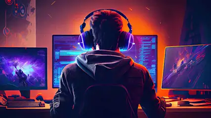 Vue arrière d'une personne portant un casque devant trois écrans d'ordinateur dans une pièce éclairée.