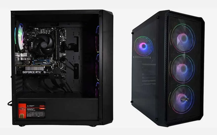 Twee zwarte gaming-PC's: links een open behuizing met zichtbare GeForce RTX grafische kaart, rechts een gesloten case met drie RGB-ventilatoren.