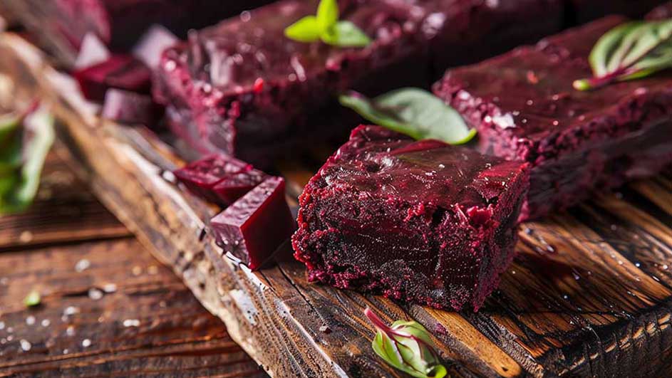 Des betteraves rouges coupées en cubes sont présentées sur une planche en bois, avec quelques feuilles vertes.