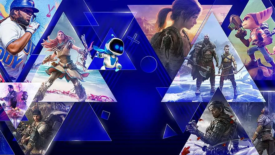 Divers jeux vidéo affichés dans des triangles sur un fond bleu. Inclut des personnages et des scènes de plusieurs jeux.