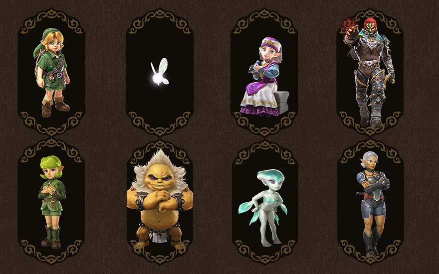 Acht personages uit de Zelda-wereld staan afgebeeld op afzonderlijke donkere kaarten, waaronder Link, Zelda, Ganondorf, Navi en andere helden.