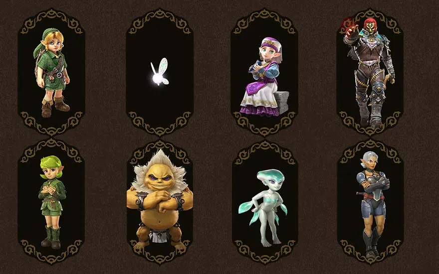 Acht personages uit de Zelda-wereld staan afgebeeld op afzonderlijke donkere kaarten, waaronder Link, Zelda, Ganondorf, Navi en andere helden.