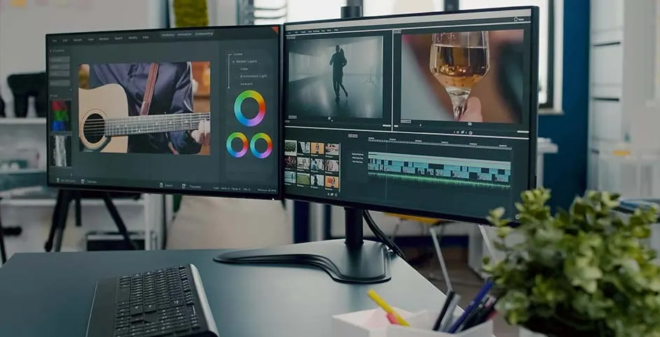 Deux écrans affichent des logiciels de montage vidéo sur un bureau gris avec un clavier noir et un pot de fleurs vertes.