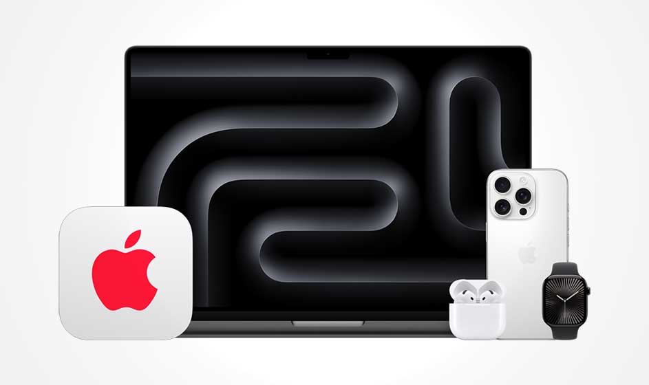 Un écran Apple noir est au centre, entouré d’un iPhone, d’AirPods et d’une Apple Watch. À gauche, une icône blanche affiche le logo Apple rouge.
