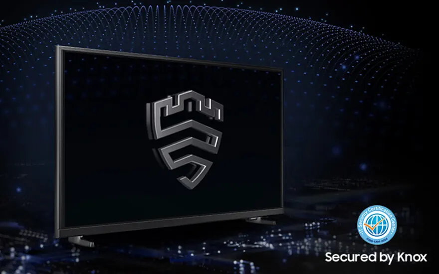 Un écran de télévision noir affiche un logo argenté en forme de bouclier sur fond de constellation bleue.