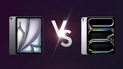 Deux tablettes électroniques sont présentées sur un fond violet foncé avec un symbole "VS" lumineux au centre.