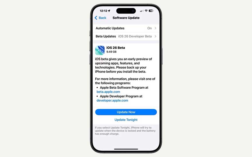iPhone settings screen shows Software Update, inviting the user to install iOS 26 Beta with Update Now or Tonight buttons.