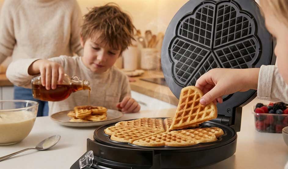 Des enfants aident en cuisine avec des gaufres en forme de cœur, pendant qu’on verse du sirop près du gaufrier ouvert noir.