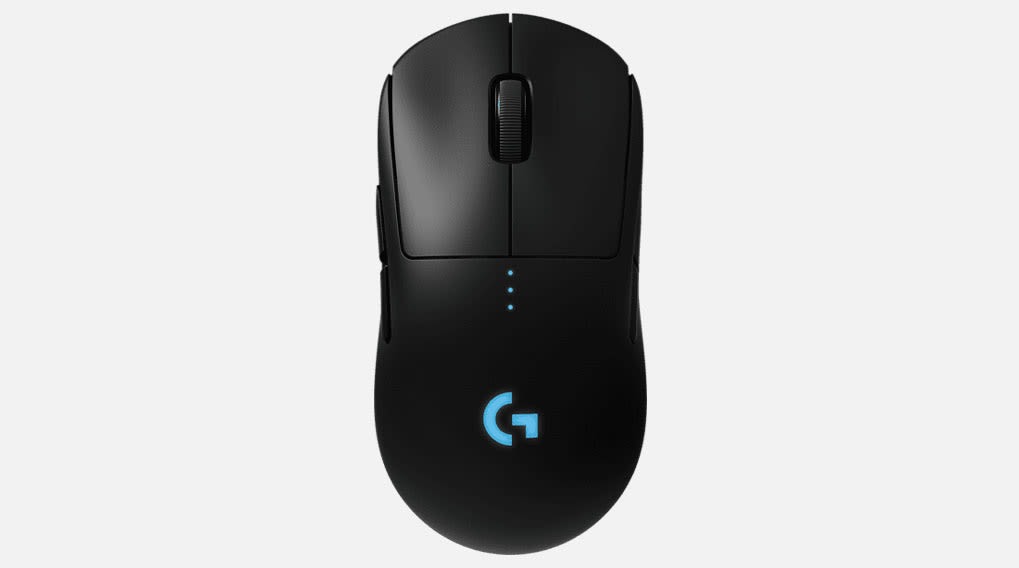 Een zwarte computermuis met een scrollwiel, drie blauwe puntjes en een blauw 'G'-logo op een witte achtergrond.