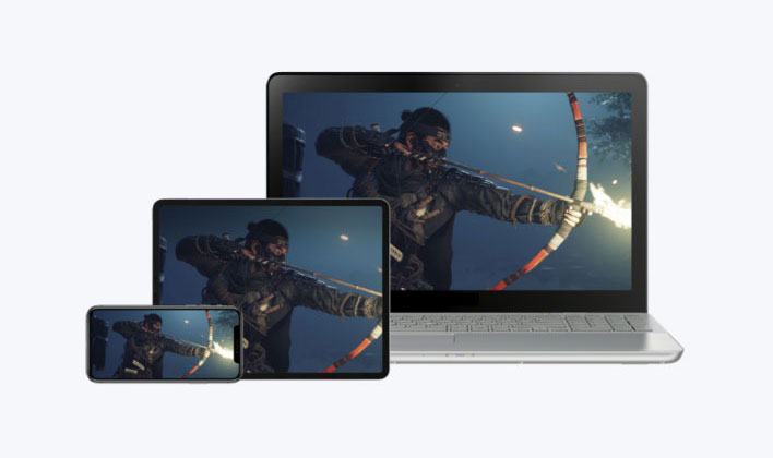 Een laptop, tablet en telefoon tonen dezelfde blauwe game scène met pijl en boog op een witte achtergrond.